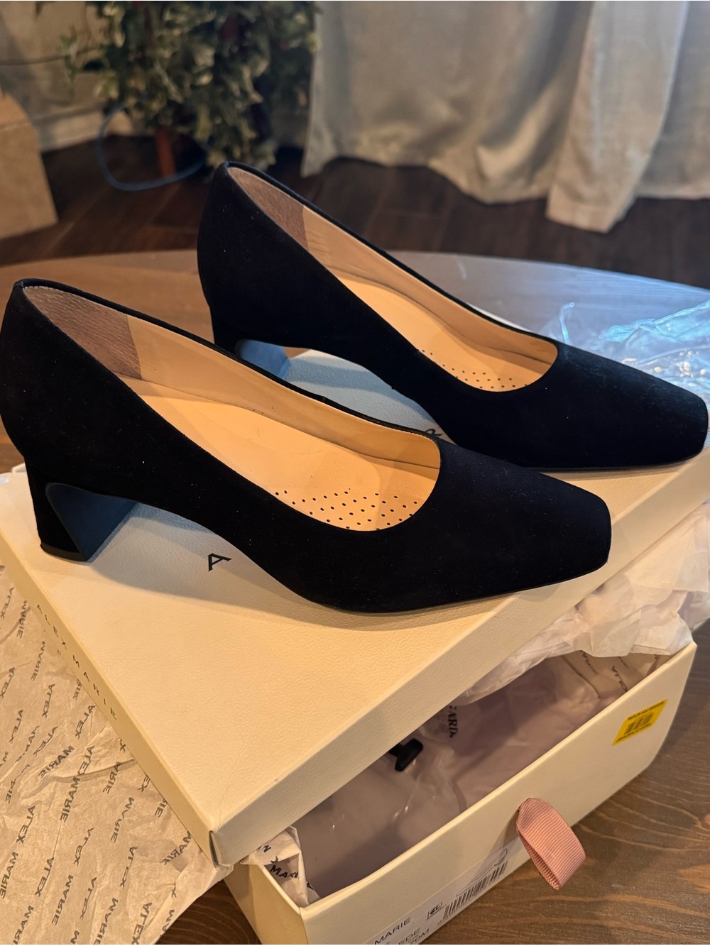 Alex Marie Black Suede Mid Block Heel Pumps
